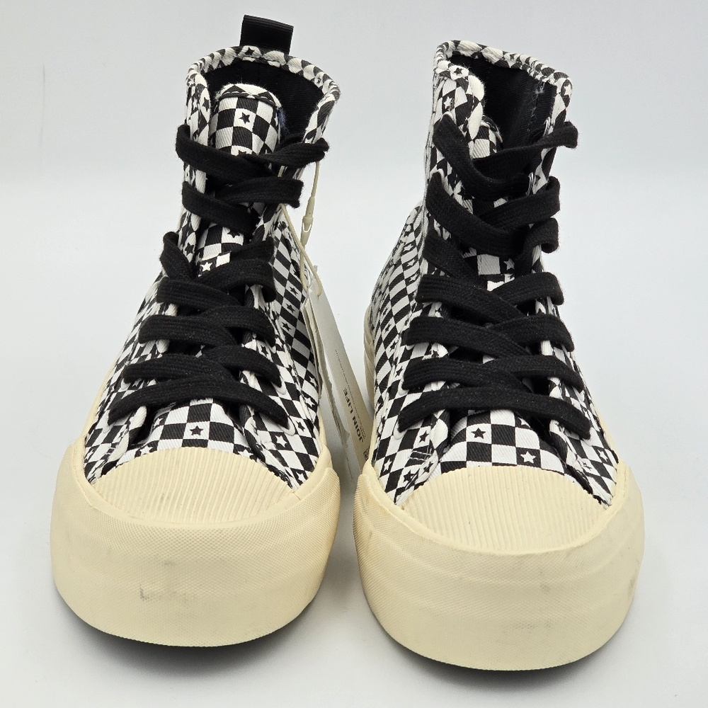 Zara Lace-Up High-Top Canvas Sneakers, Black/White Checkered pattern with stars - Picture 4 of 15